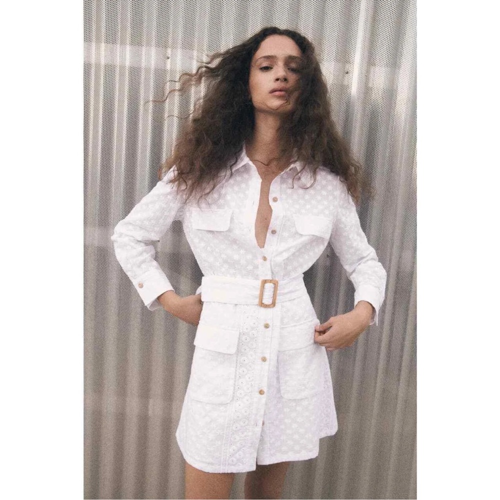 ZARA Belted Embroidered Mini Shirt Dress